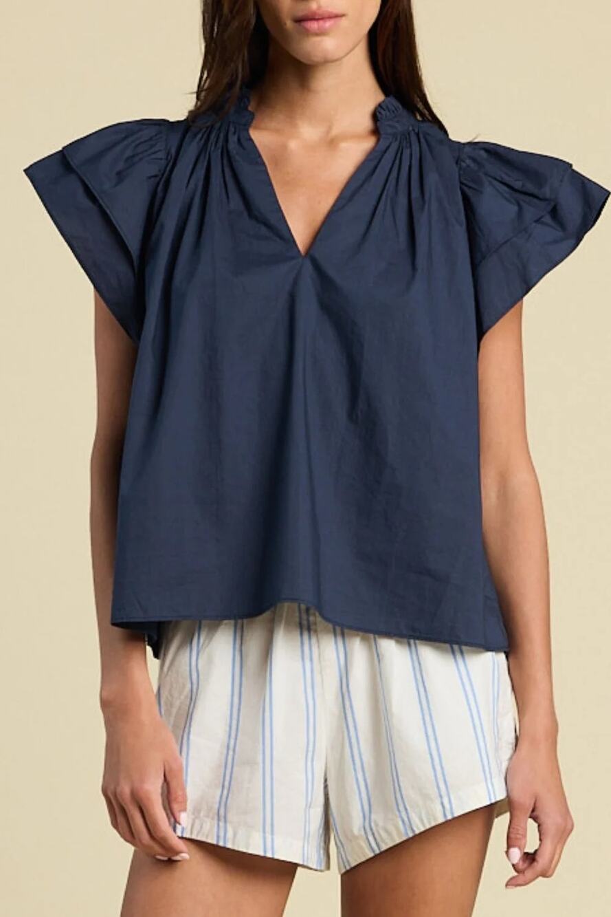 Birds of Paradis by Trovata Clover Blouse Navy Blue V-Neck Ruffle Top NWT Small